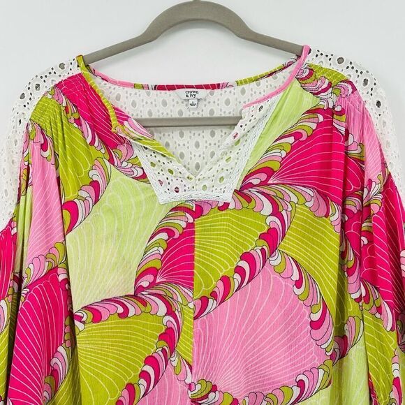 Crown & Ivy Gauzy Pink Lime Green Boho Tunic Top Eyelet Trim Womens Large Flowy - Picture 3 of 8
